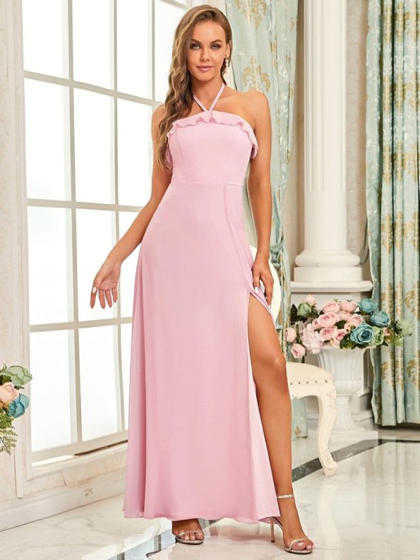 Ruffled Halter A-Line Bridesmaid Dress - Mauve