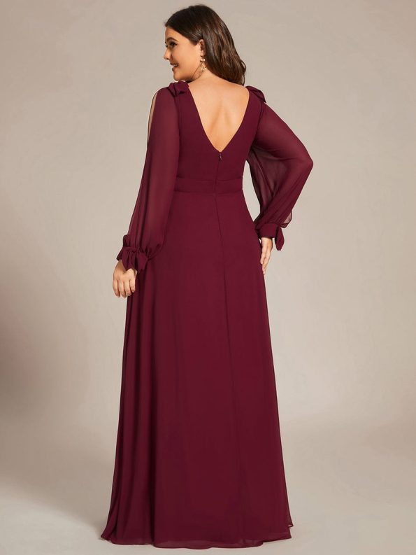 Open Lantern Sleeve A-Line Bridesmaid Dress - Burgundy