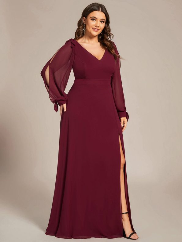 Open Lantern Sleeve A-Line Bridesmaid Dress - Burgundy