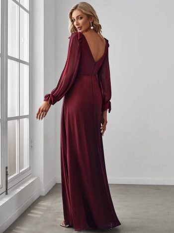 Open Lantern Sleeve A-Line Bridesmaid Dress - Burgundy