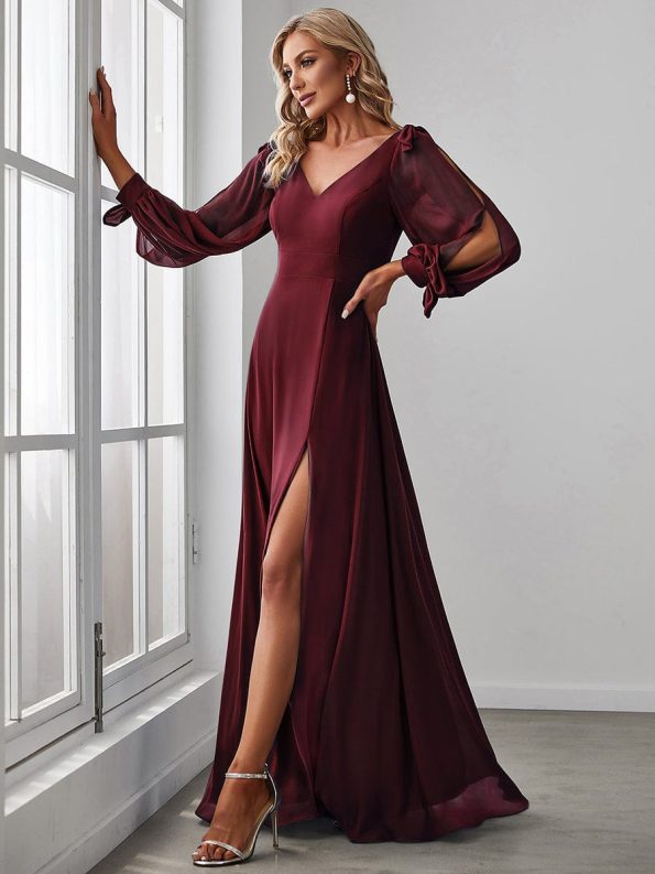 Open Lantern Sleeve A-Line Bridesmaid Dress - Burgundy