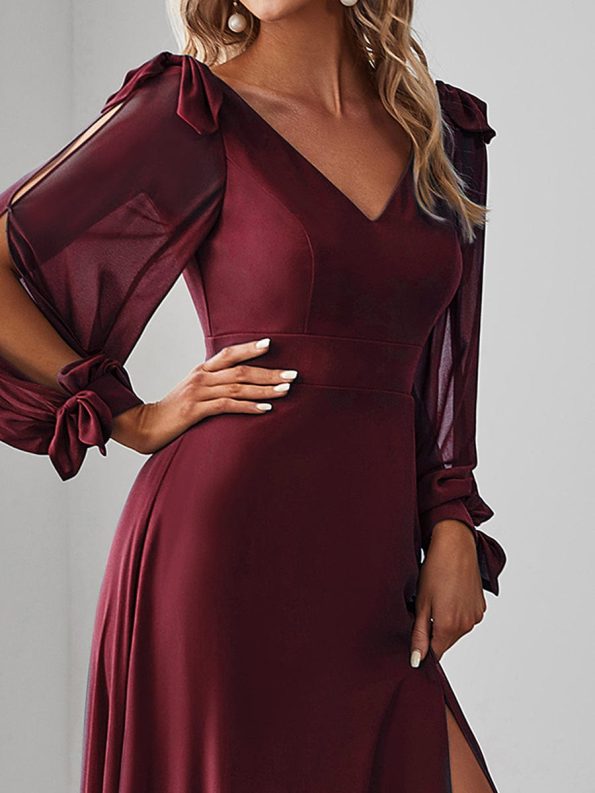 Open Lantern Sleeve A-Line Bridesmaid Dress - Burgundy