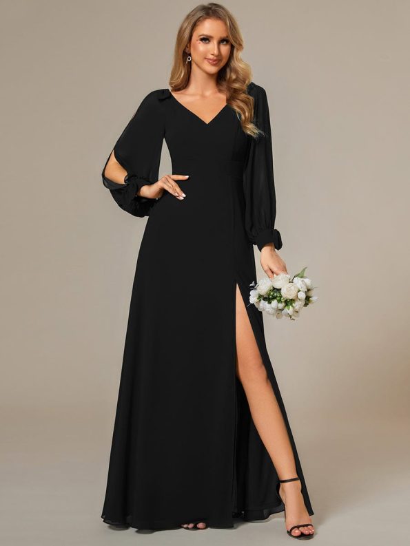 Open Lantern Sleeve A-Line Bridesmaid Dress - Black