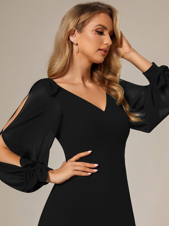 Open Lantern Sleeve A-Line Bridesmaid Dress - Black