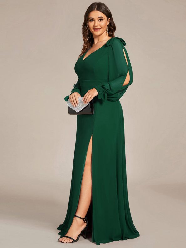 Open Lantern Sleeve A-Line Bridesmaid Dress - Dark Green