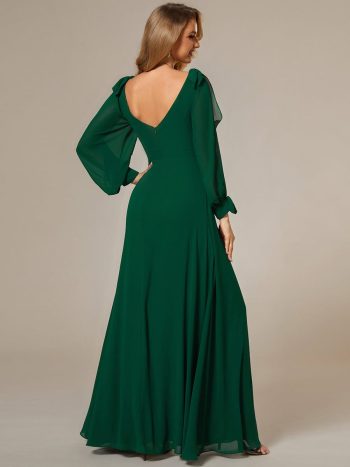 Open Lantern Sleeve A-Line Bridesmaid Dress - Dark Green