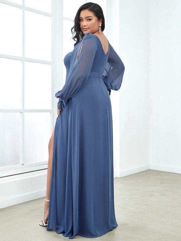 Open Lantern Sleeve A-Line Bridesmaid Dress - Dusty Navy