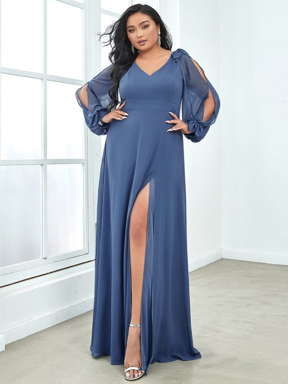 Open Lantern Sleeve A-Line Bridesmaid Dress - Dusty Navy