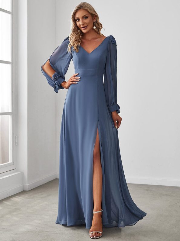 Open Lantern Sleeve A-Line Bridesmaid Dress - Dusty Navy