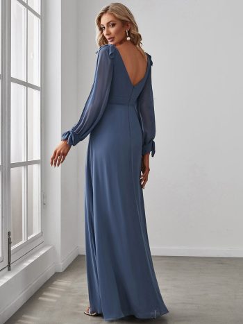 Open Lantern Sleeve A-Line Bridesmaid Dress - Dusty Navy