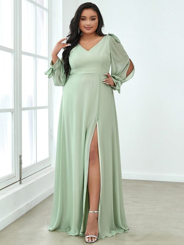 Open Lantern Sleeve A-Line Bridesmaid Dress - Mint Green