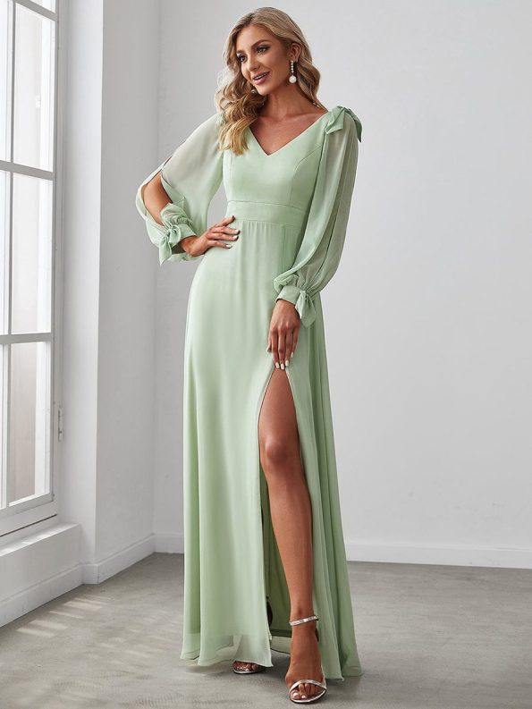 Open Lantern Sleeve A-Line Bridesmaid Dress - Mint Green