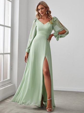 Open Lantern Sleeve A-Line Bridesmaid Dress - Mint Green