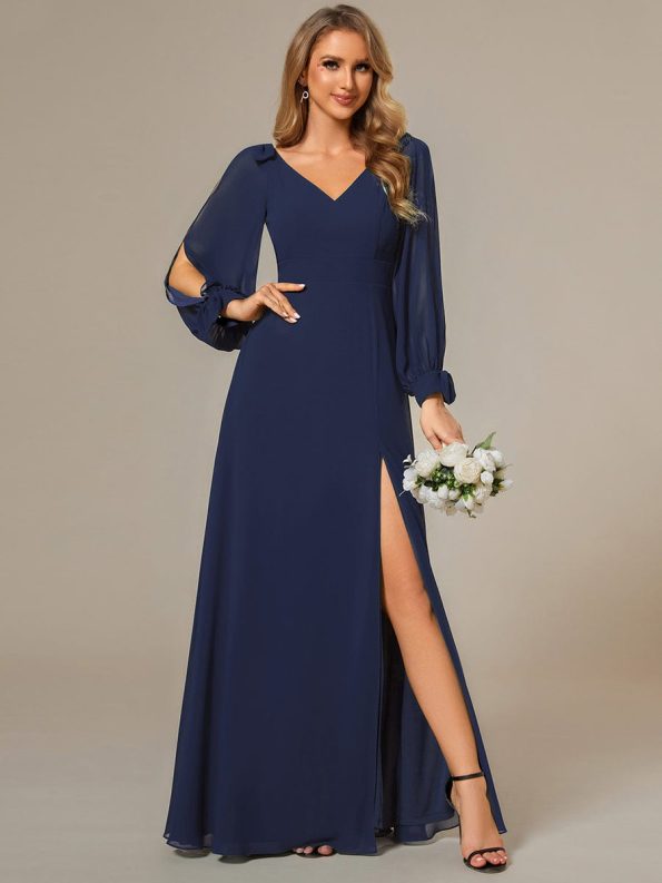 Open Lantern Sleeve A-Line Bridesmaid Dress - Navy Blue