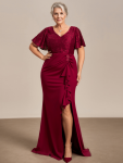 Plus Size Lotus Leaf Hemline Bodycon Lace Top Mother of the Bride Dress – Burgundy