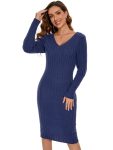 Ribbed Long Sleeve V-Neck Bodycon Knit Sweater Dress – Navy Blue