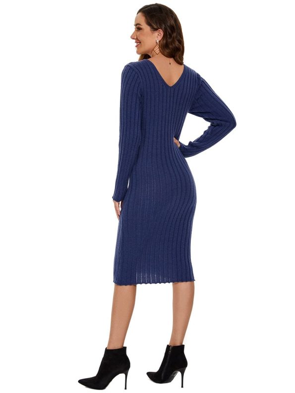 Ribbed Long Sleeve V-Neck Bodycon Knit Sweater Dress - Navy Blue