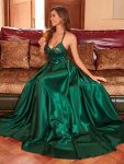 Custom Size V-neck Glitter Sequin Halter Long Prom Dress – Dark Green