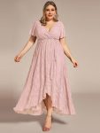 Pleated V-Neck Short Sleeve Ruffled Lace Evening Dress – Pink