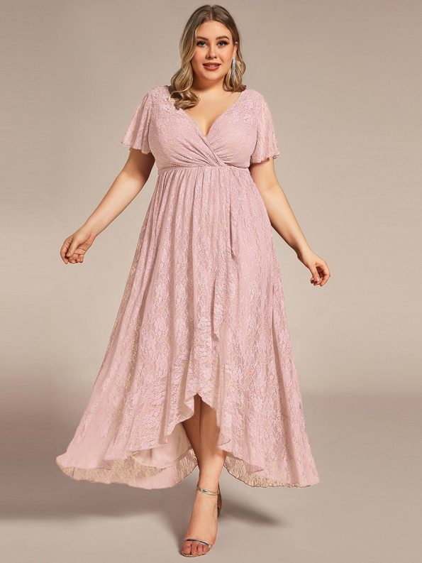 Pleated V-Neck Short Sleeve Ruffled Lace Evening Dress - Pink