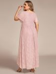 Pleated V-Neck Short Sleeve Ruffled Lace Evening Dress – Pink