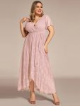 Plus Size Short Sleeve Ruffled V-Neck A-Line Lace Evening Dress – Pink