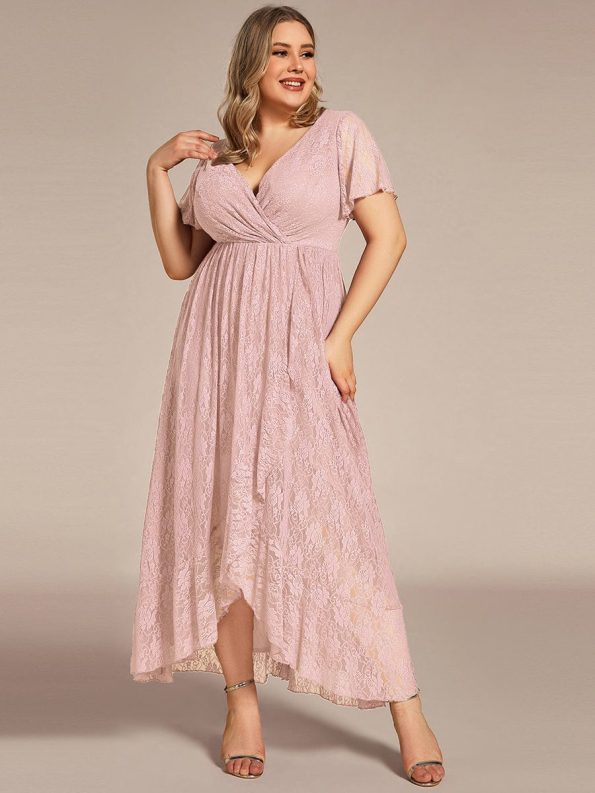 Plus Size Short Sleeve Ruffled V-Neck A-Line Lace Evening Dress - Pink