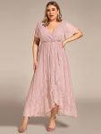 Plus Size Short Sleeve Ruffled V-Neck A-Line Lace Evening Dress – Pink