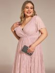 Plus Size Short Sleeve Ruffled V-Neck A-Line Lace Evening Dress – Pink