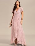 Pleated V-Neck Short Sleeve Ruffled Lace Evening Dress – Pink