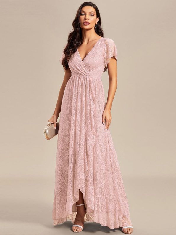 Pleated V-Neck Short Sleeve Ruffled Lace Evening Dress - Pink