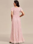 Pleated V-Neck Short Sleeve Ruffled Lace Evening Dress – Pink