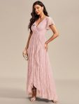 Pleated V-Neck Short Sleeve Ruffled Lace Evening Dress – Pink