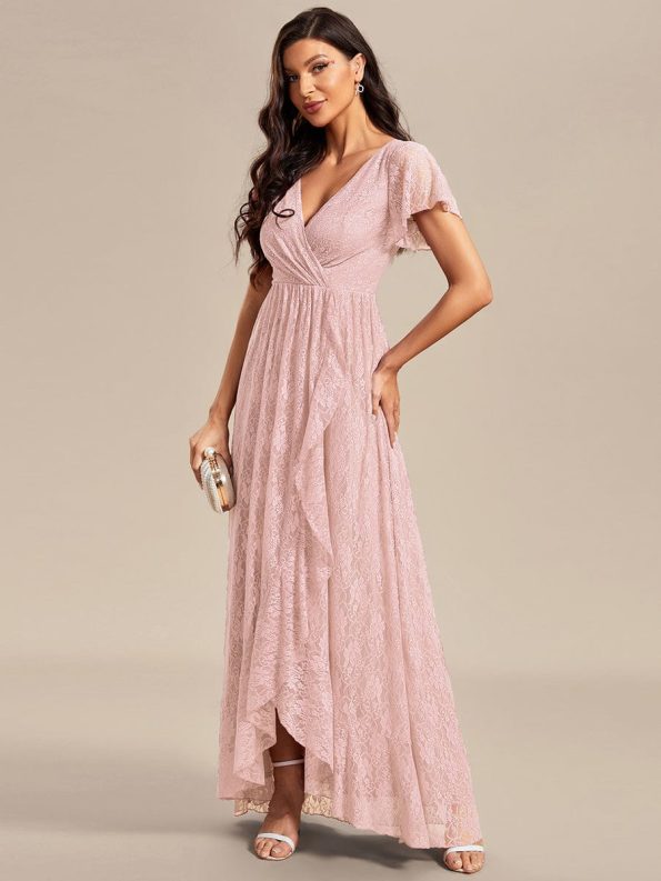 Pleated V-Neck Short Sleeve Ruffled Lace Evening Dress - Pink