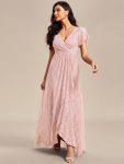 Pleated V-Neck Short Sleeve Ruffled Lace Evening Dress – Pink