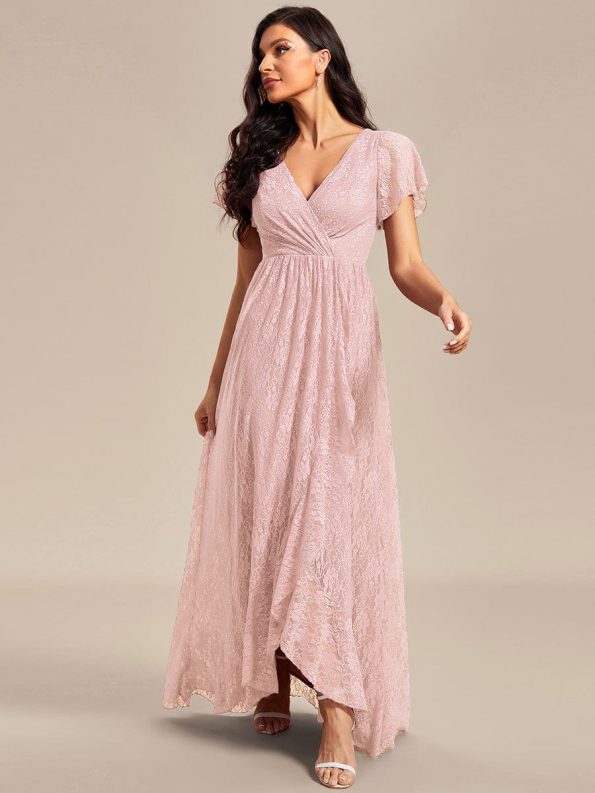 Pleated V-Neck Short Sleeve Ruffled Lace Evening Dress - Pink