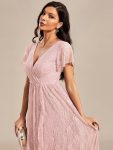 Pleated V-Neck Short Sleeve Ruffled Lace Evening Dress – Pink