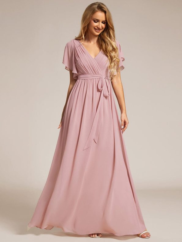 A-Line Pleated Chiffon Tie-Waist Evening Dress - Dusty Rose