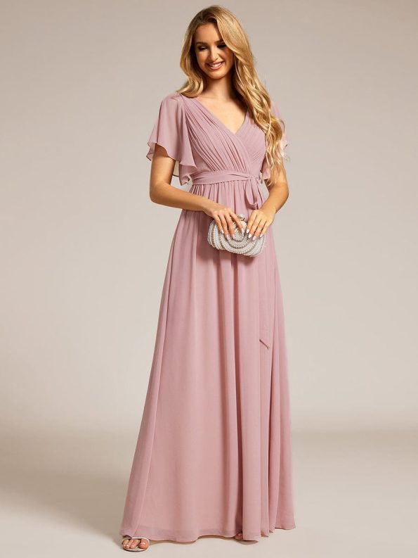 A-Line Pleated Chiffon Tie-Waist Evening Dress - Dusty Rose