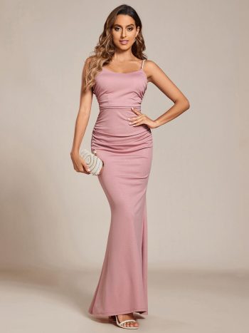 Glitter Spaghetti Strap U-Veck Open Back Bodycon Stretchy Evening Dress - Dusty Rose