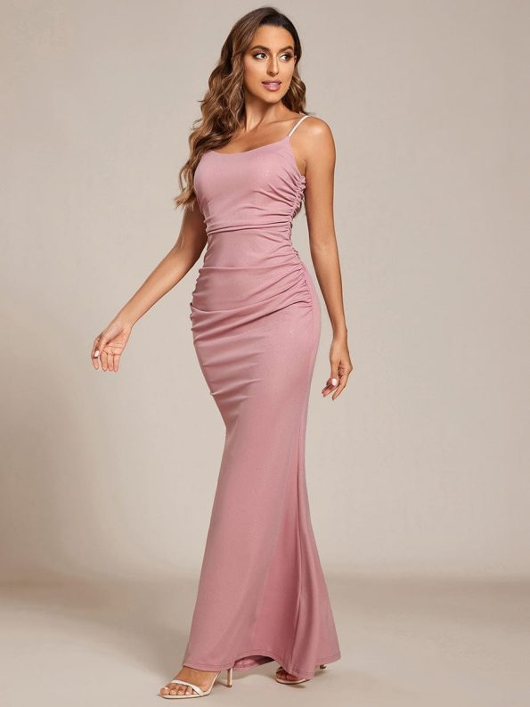 Glitter Spaghetti Strap U-Veck Open Back Bodycon Stretchy Evening Dress - Dusty Rose