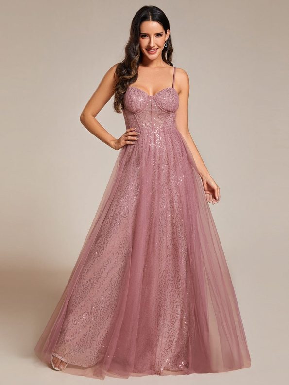 Spaghetti Straps Illusion Sleeveless A-Line Sequin Evening Dress with Tulle Cover - Purple Orchid