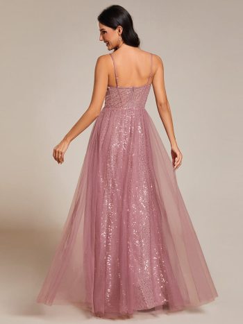 Spaghetti Straps Illusion Sleeveless A-Line Sequin Evening Dress with Tulle Cover - Purple Orchid