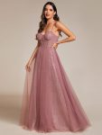 Spaghetti Straps Illusion Sleeveless A-Line Sequin Evening Dress with Tulle Cover – Purple Orchid