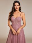 Spaghetti Straps Illusion Sleeveless A-Line Sequin Evening Dress with Tulle Cover – Purple Orchid