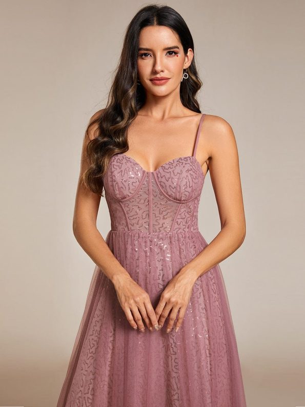 Spaghetti Straps Illusion Sleeveless A-Line Sequin Evening Dress with Tulle Cover - Purple Orchid