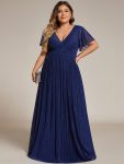 V-Neck Glittery Short Sleeves Formal Evening Dress with Empire Waist – Navy Blue