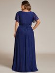 V-Neck Glittery Short Sleeves Formal Evening Dress with Empire Waist – Navy Blue