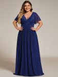 Plus Size V-Neck Glittery Short Sleeves Formal Evening Dress with Empire Waist – Navy Blue