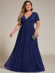 Plus Size V-Neck Glittery Short Sleeves Formal Evening Dress with Empire Waist – Navy Blue